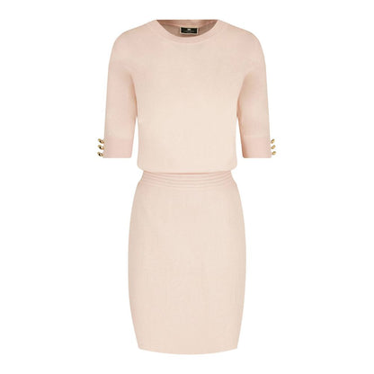 Elisabetta Franchi Elegant Pink Crew-Neck Dress with Golden Accents