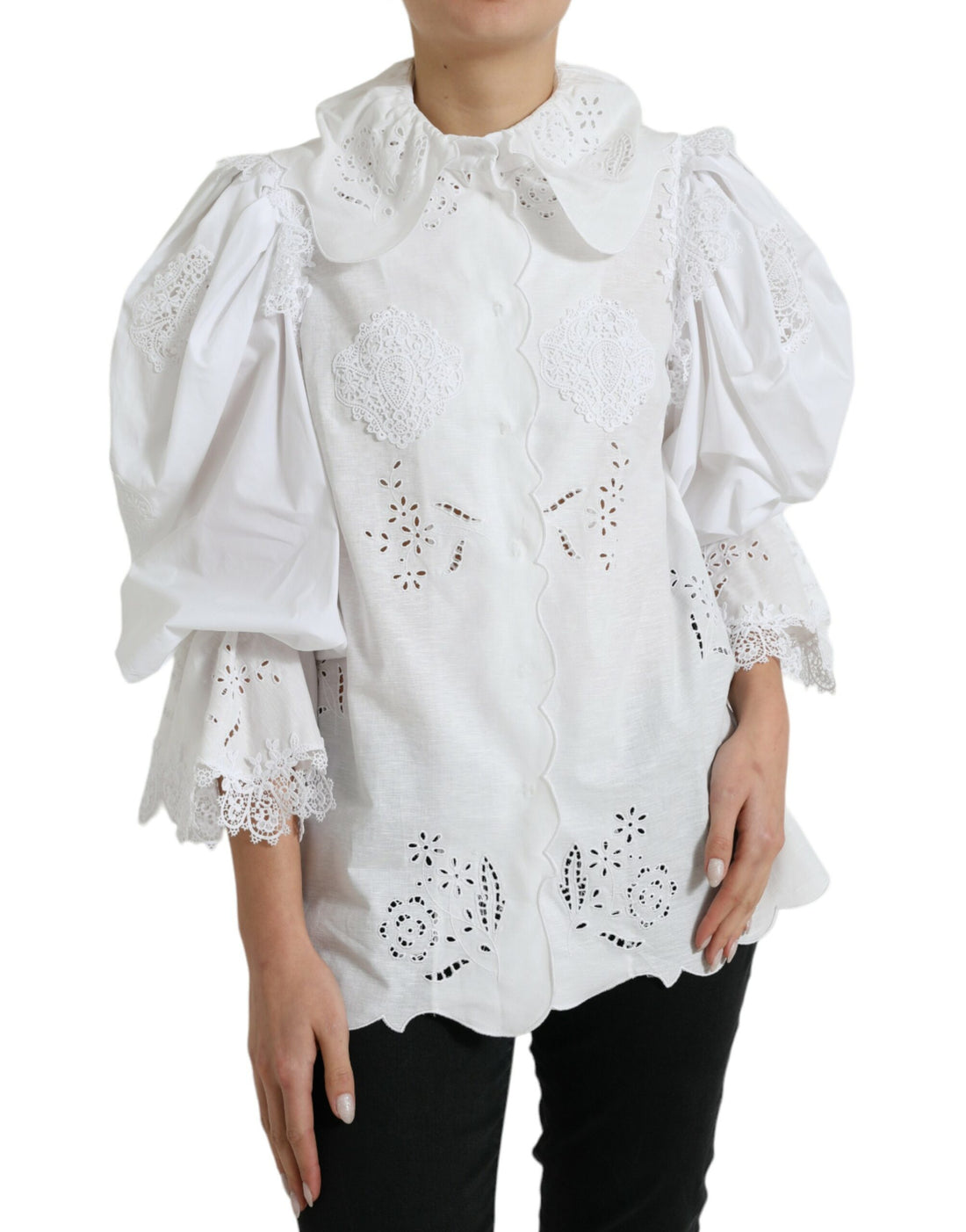 Dolce &amp; Gabbana Elegant White Lace Trim Blouse Top