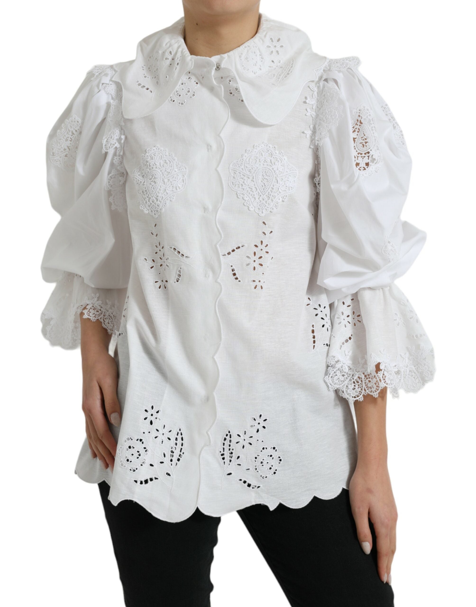 Dolce &amp; Gabbana Elegant White Lace Trim Blouse Top