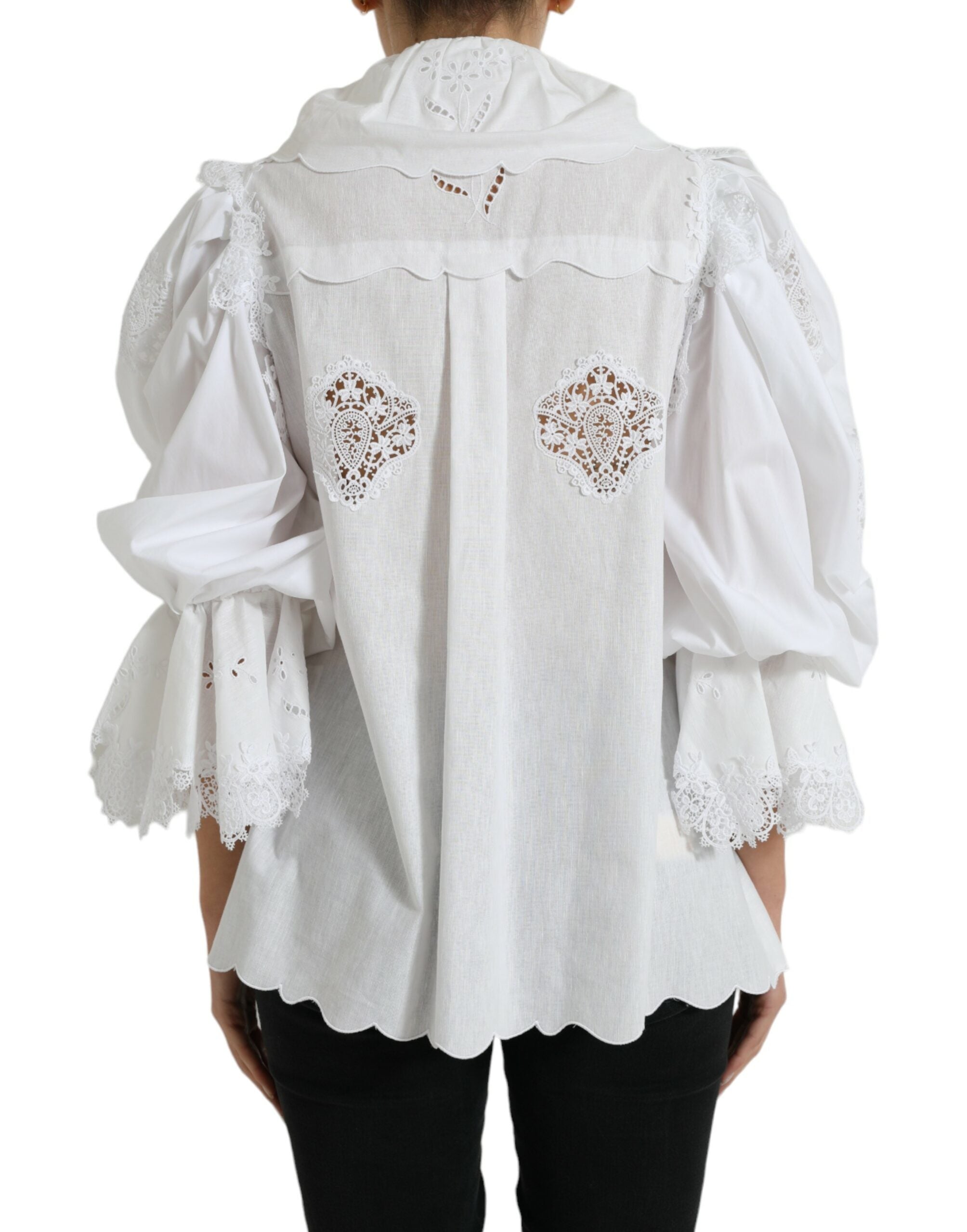 Dolce &amp; Gabbana Elegant White Lace Trim Blouse Top