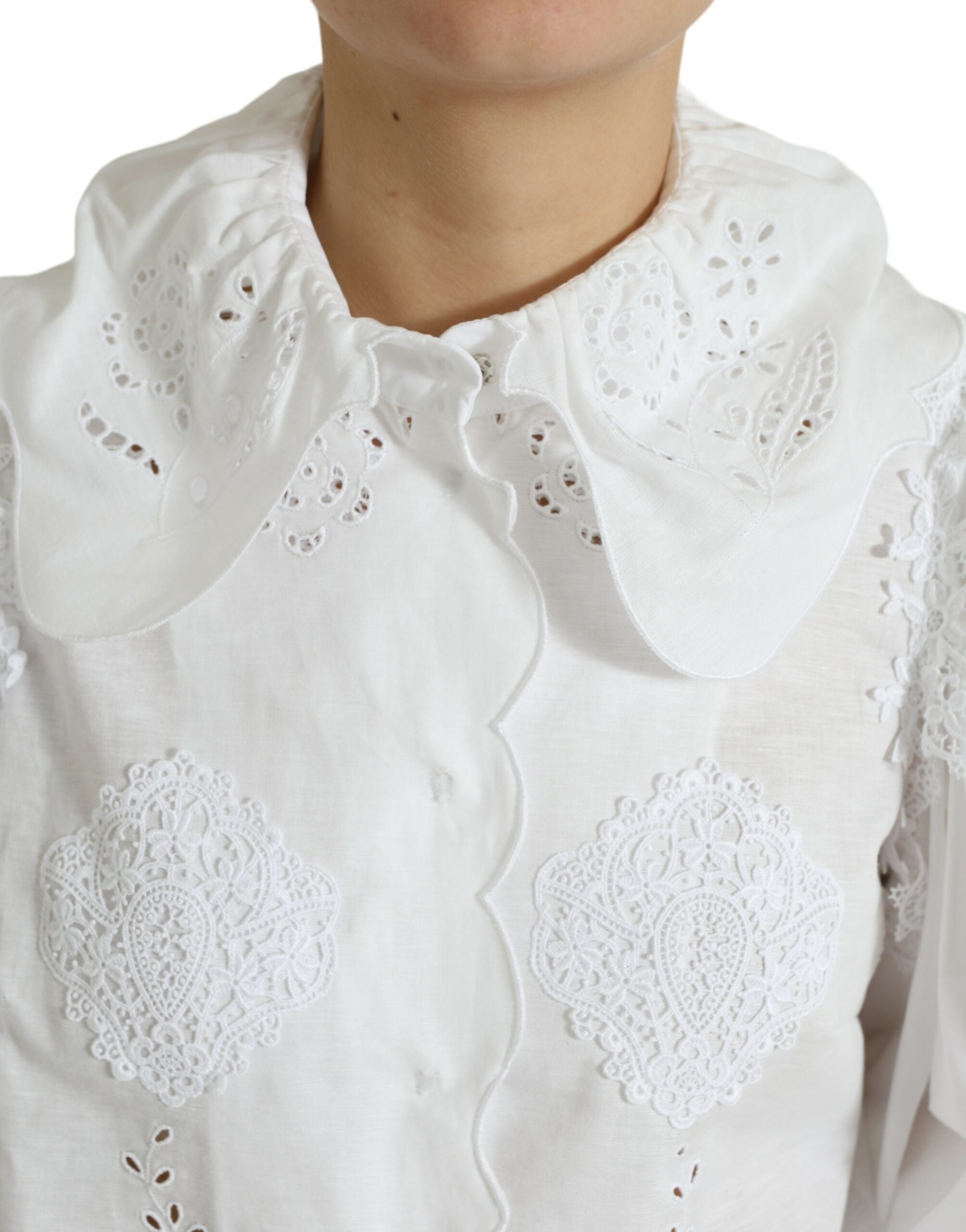 Dolce &amp; Gabbana Elegant White Lace Trim Blouse Top