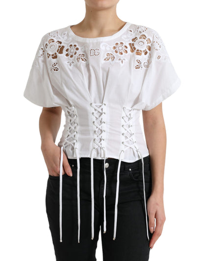 Dolce &amp; Gabbana Elegant White Floral Lace-Up Blouse