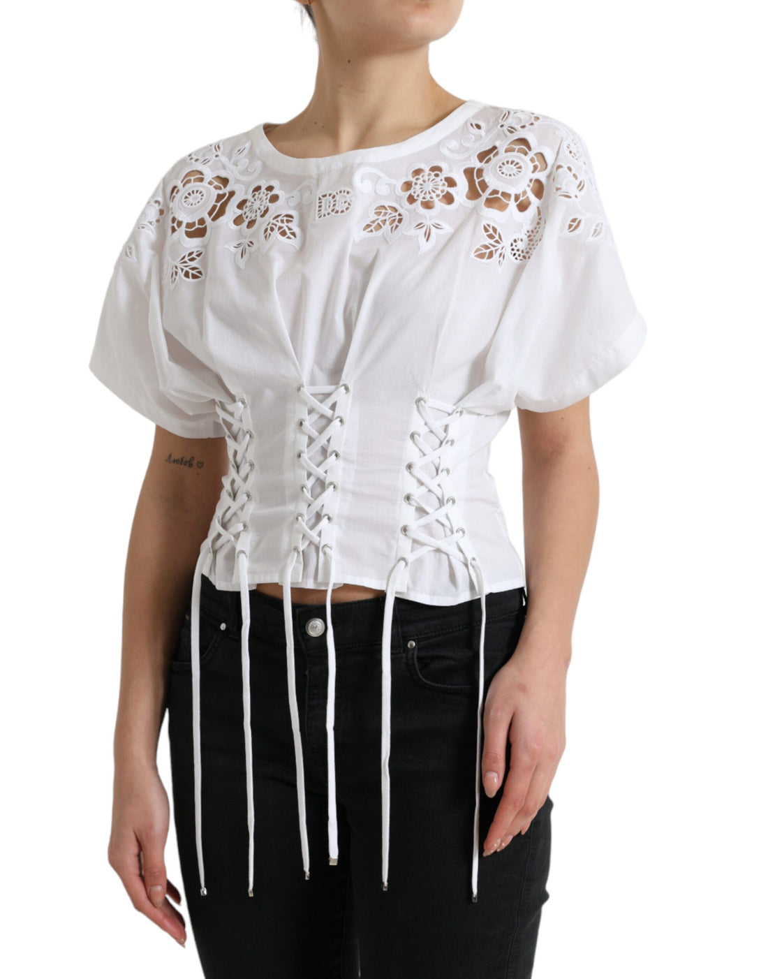 Dolce &amp; Gabbana Elegant White Floral Lace-Up Blouse