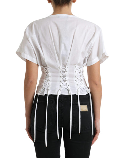 Dolce &amp; Gabbana Elegant White Floral Lace-Up Blouse