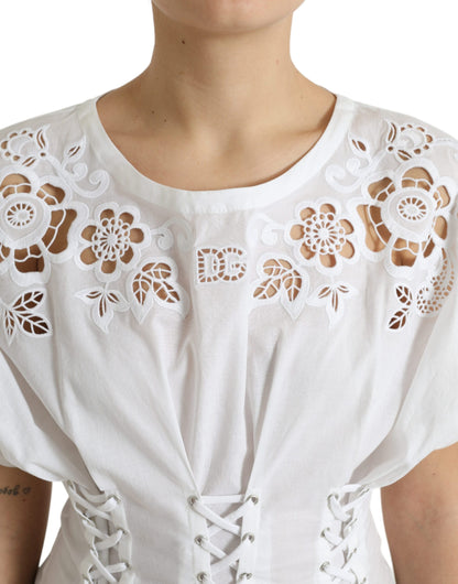 Dolce &amp; Gabbana Elegant White Floral Lace-Up Blouse