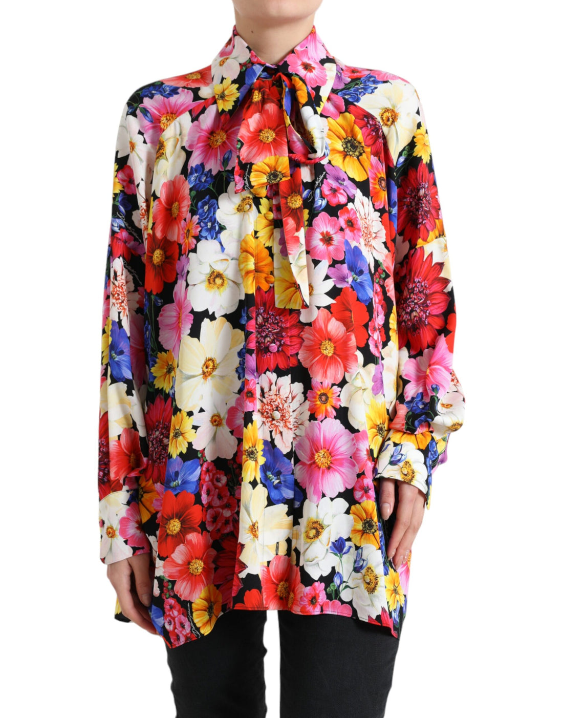 Dolce &amp; Gabbana Floral Silk Blouse with Front Tie Fastening