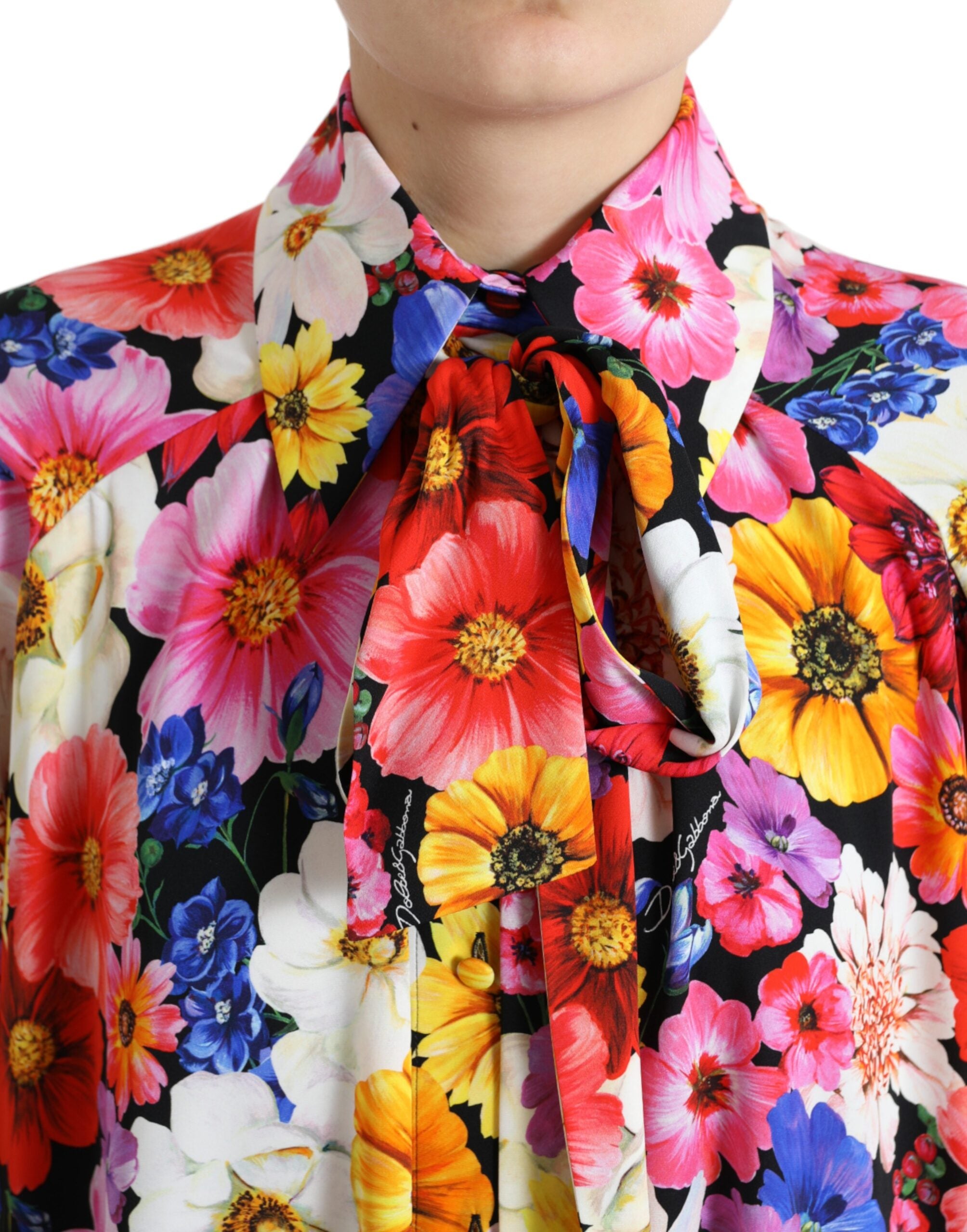 Dolce &amp; Gabbana Floral Silk Blouse with Front Tie Fastening