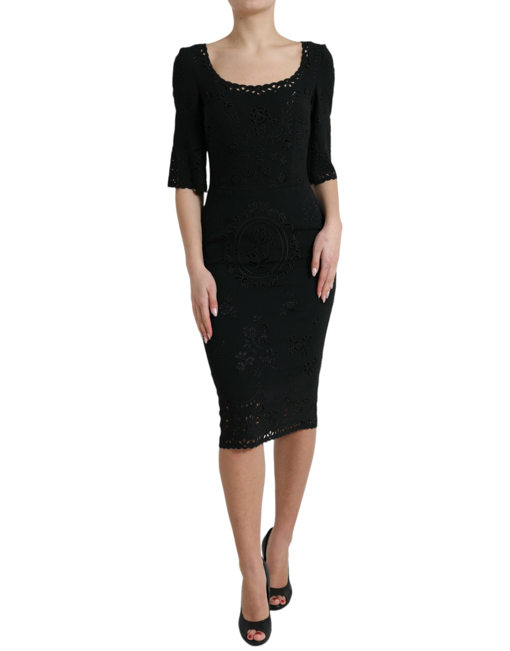 Dolce &amp; Gabbana Black Floral Lace Bodycon Midi Dress