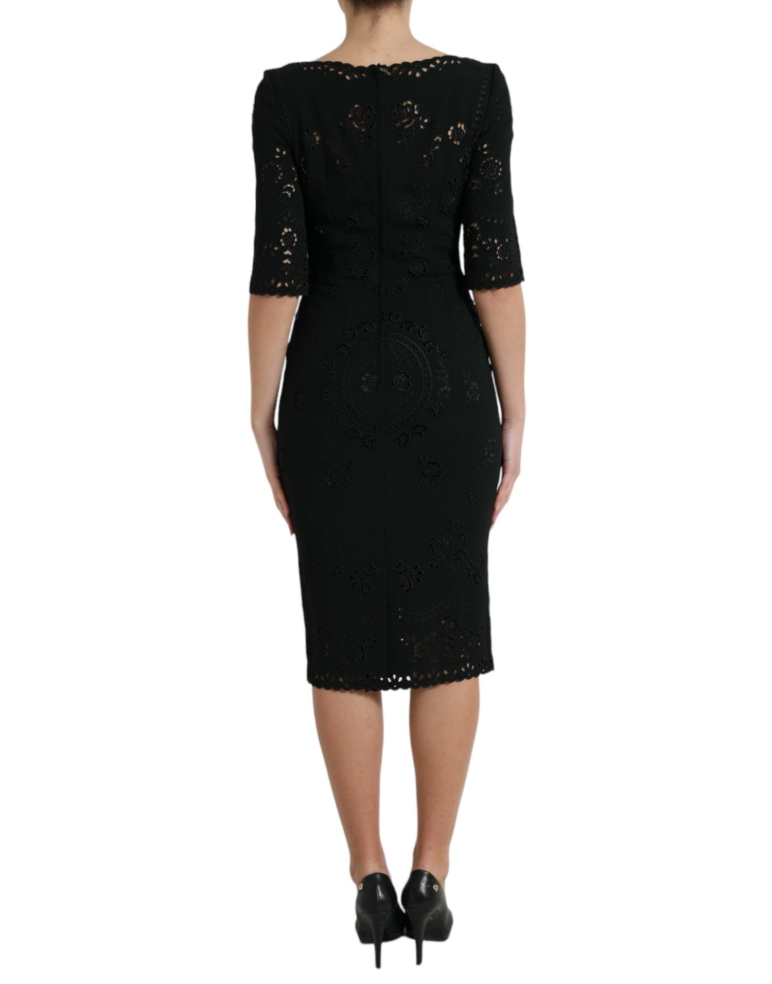 Dolce &amp; Gabbana Black Floral Lace Bodycon Midi Dress