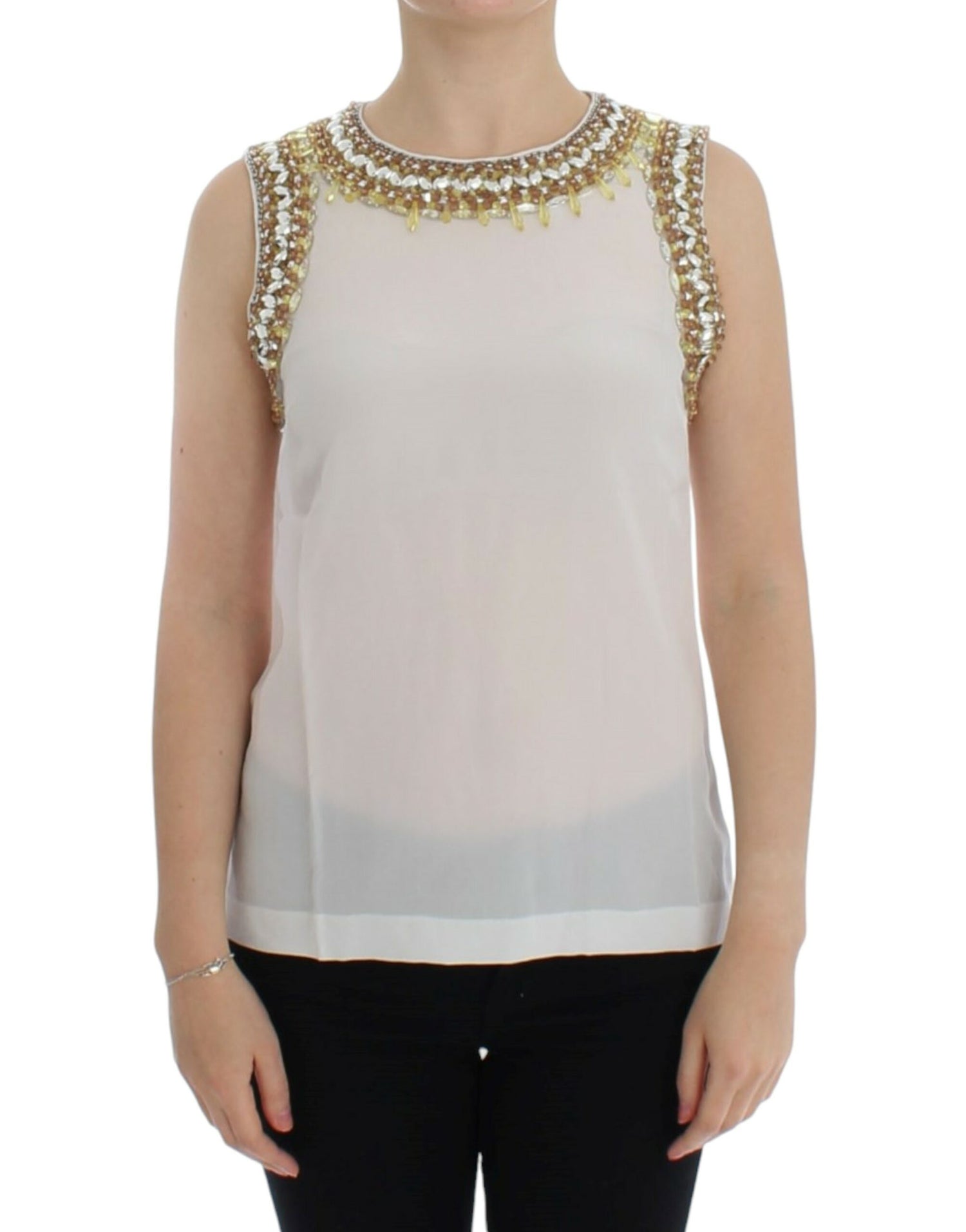 Dolce &amp; Gabbana Elegant Sleeveless Silk Blouse with Crystal Embellishment