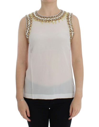 Dolce &amp; Gabbana Elegant Sleeveless Silk Blouse with Crystal Embellishment