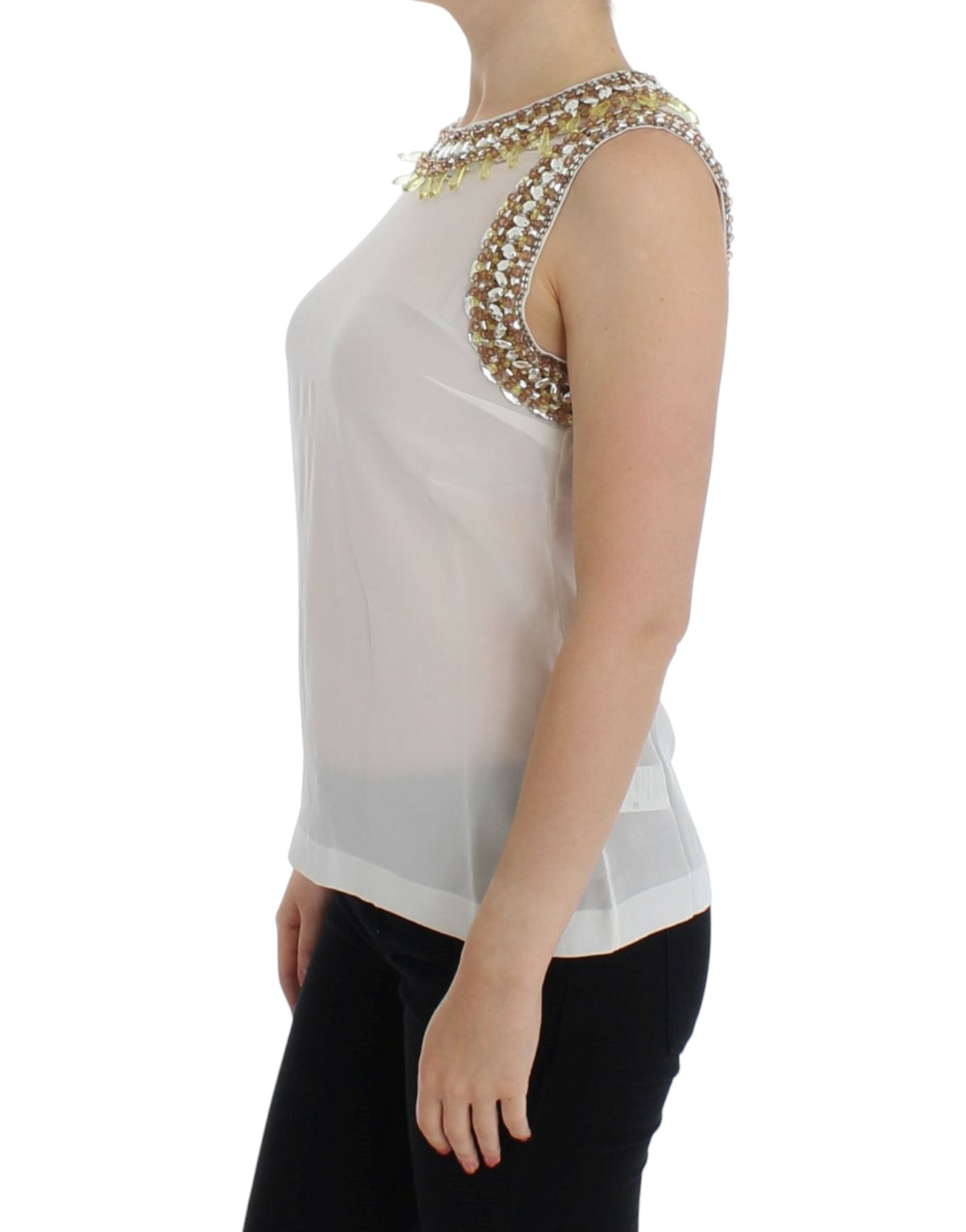 Dolce &amp; Gabbana Elegant Sleeveless Silk Blouse with Crystal Embellishment