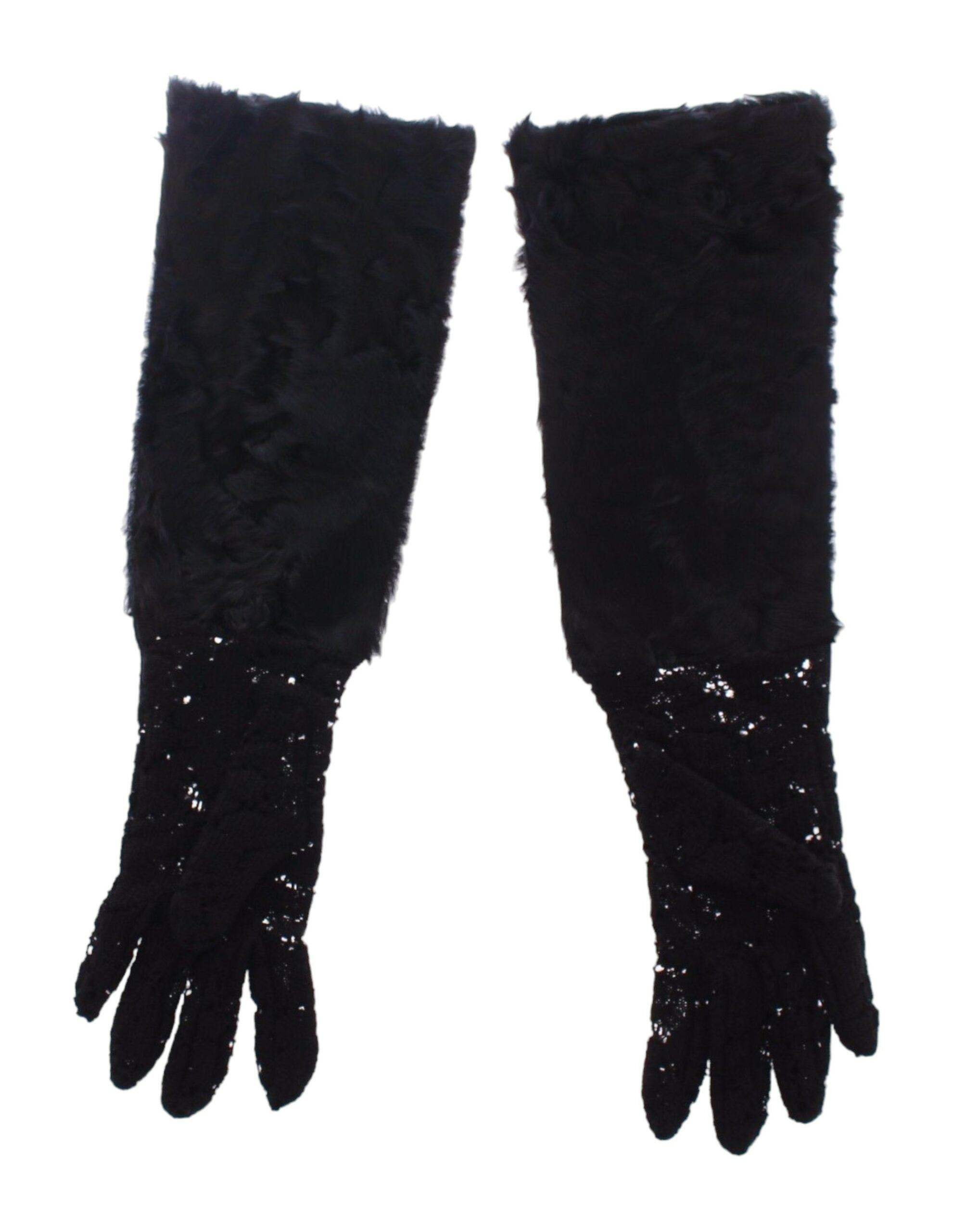 Dolce &amp; Gabbana Black Wool Lace &amp; Lamb Fur Elbow Gloves