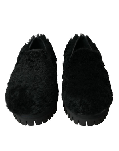 Dolce &amp; Gabbana Elegant Black Fur Slip On Loafers for Men