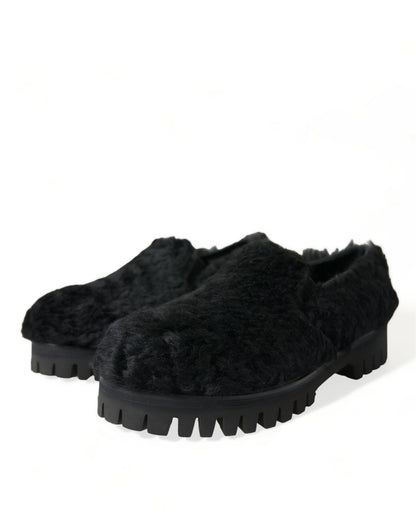 Dolce &amp; Gabbana Elegant Black Fur Slip On Loafers for Men