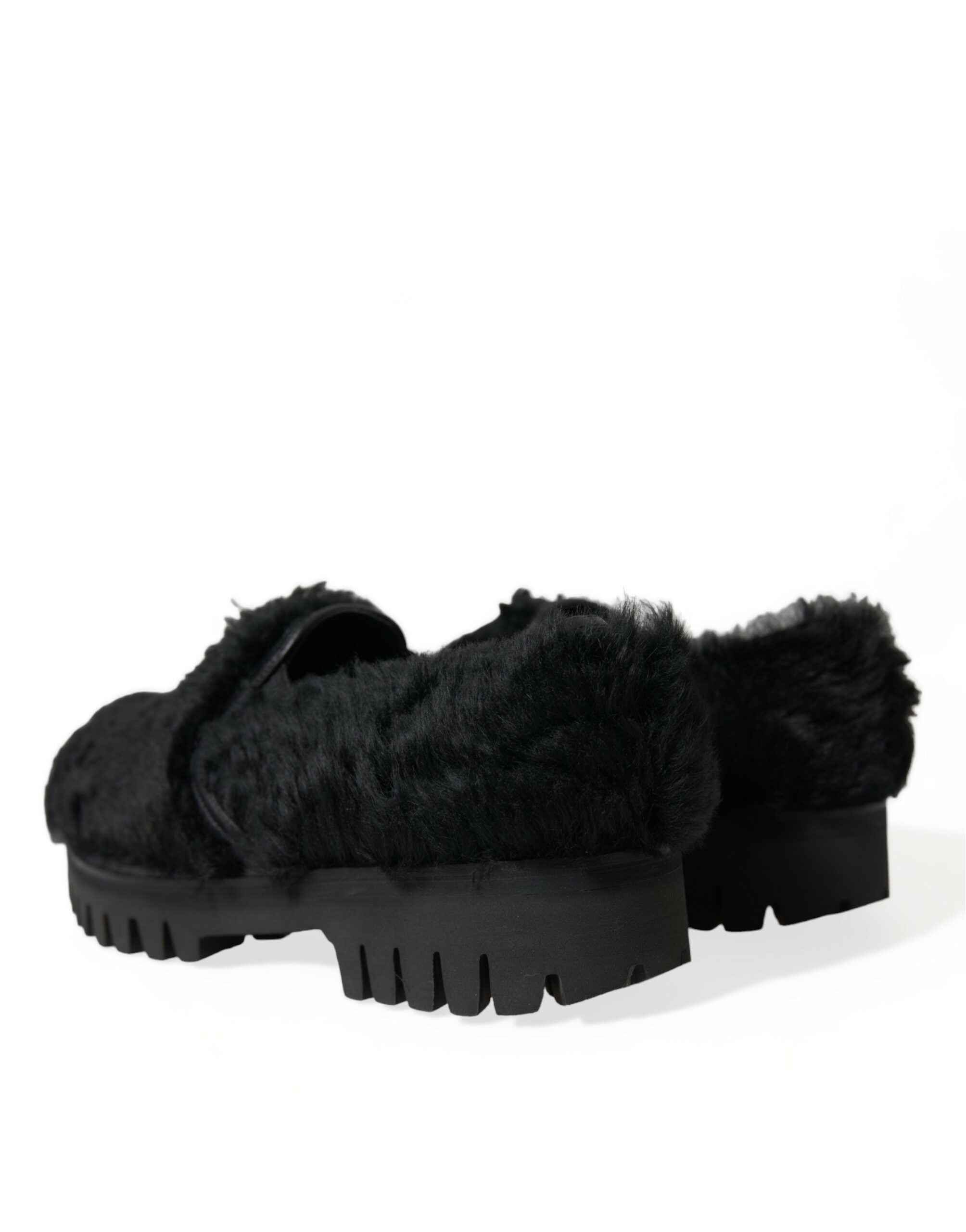 Dolce &amp; Gabbana Elegant Black Fur Slip On Loafers for Men