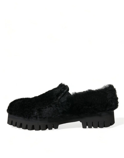 Dolce &amp; Gabbana Elegant Black Fur Slip On Loafers for Men