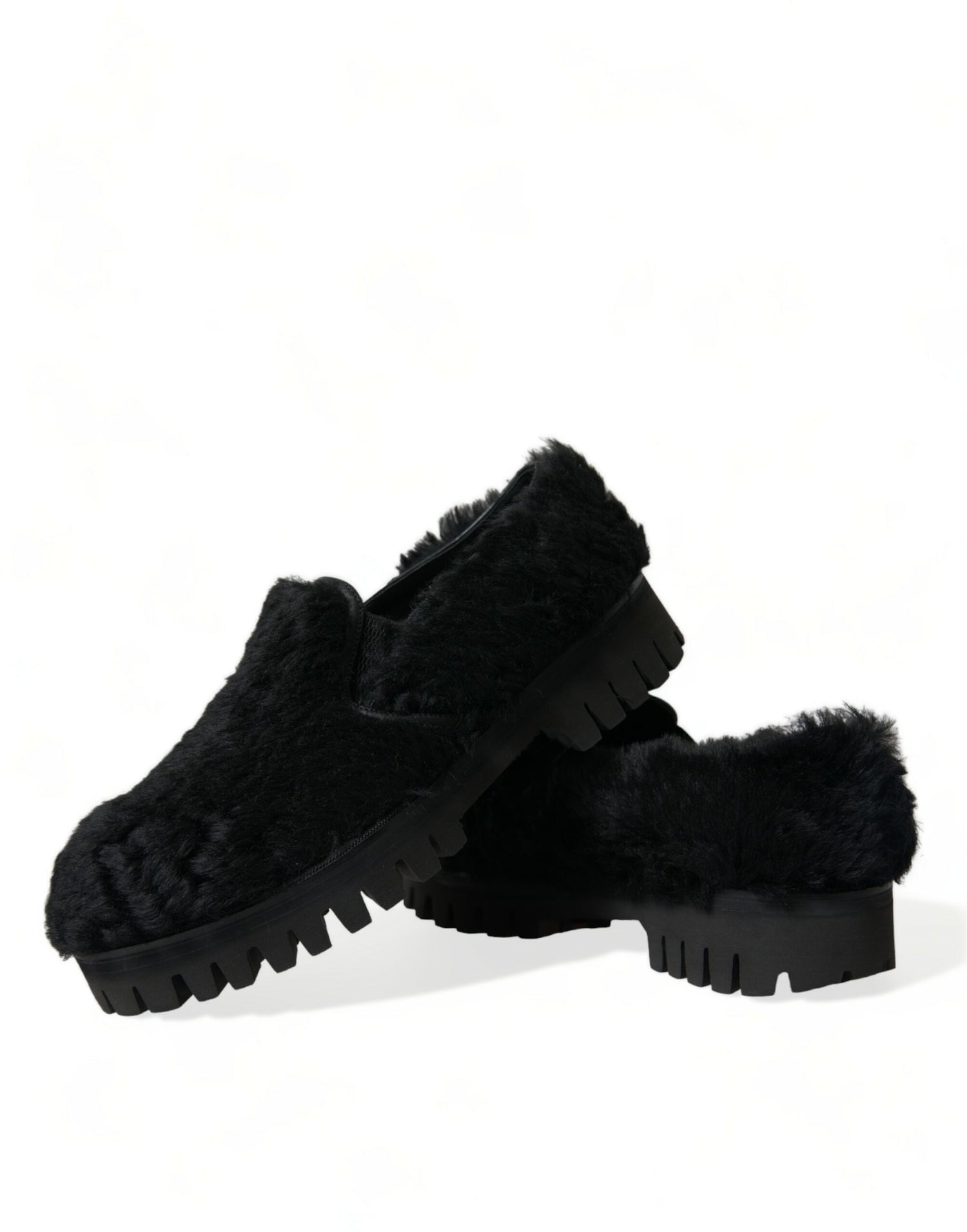 Dolce &amp; Gabbana Elegant Black Fur Slip On Loafers for Men