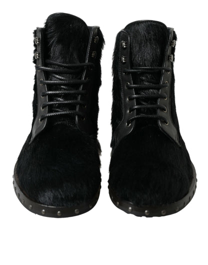 Dolce &amp; Gabbana Elegant Black Calf Leather Lace-Up Boots