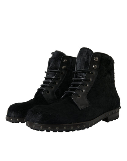 Dolce &amp; Gabbana Elegant Black Calf Leather Lace-Up Boots