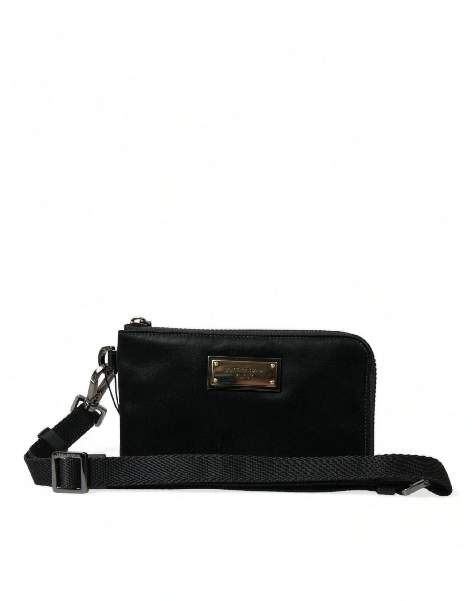 Dolce &amp; Gabbana Elegant Black Nylon Leather Pouch with Silver Details