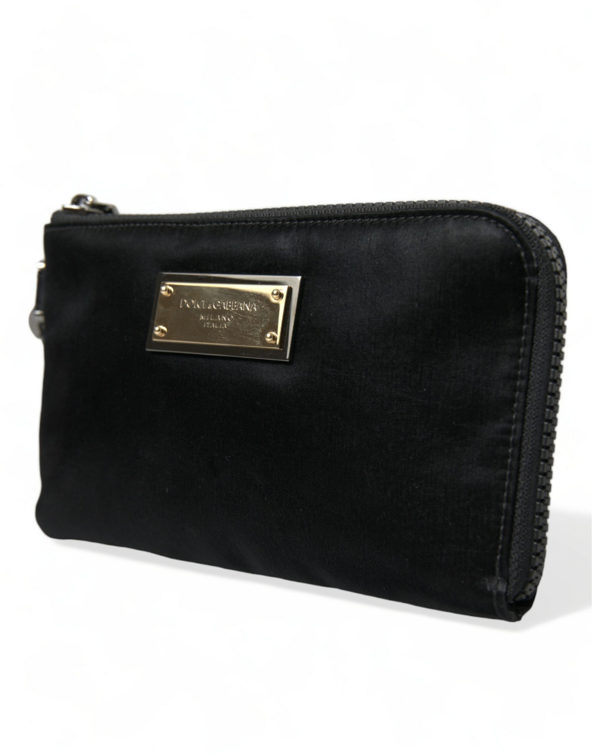 Dolce &amp; Gabbana Elegant Black Nylon Leather Pouch with Silver Details