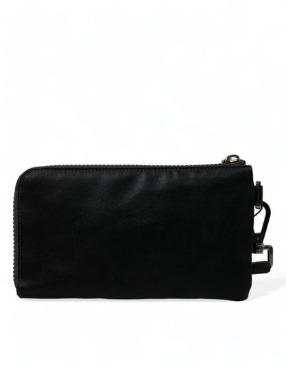 Dolce &amp; Gabbana Elegant Black Nylon Leather Pouch with Silver Details