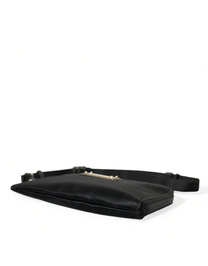 Dolce &amp; Gabbana Elegant Black Nylon Leather Pouch with Silver Details