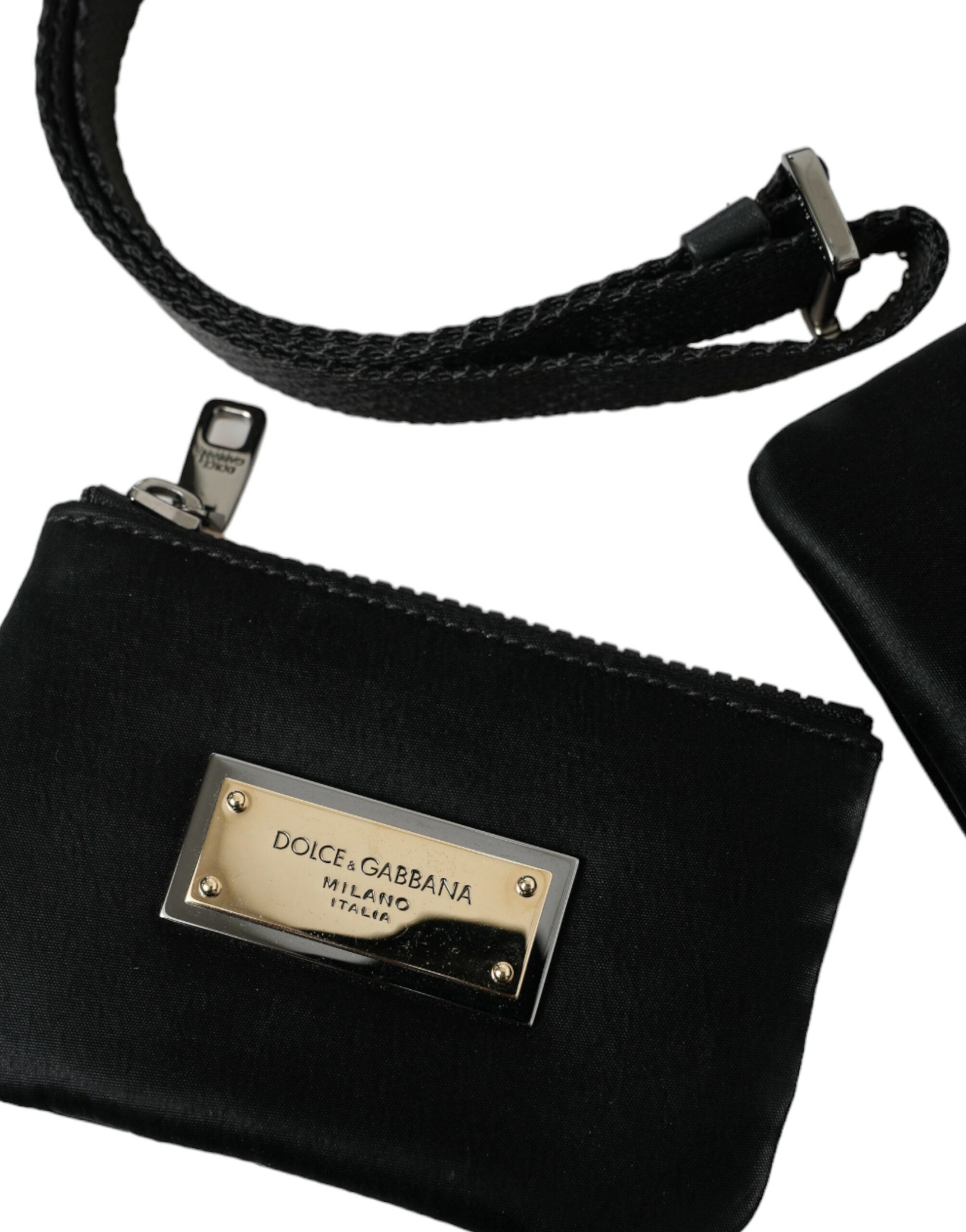 Dolce &amp; Gabbana Elegant Black Nylon Leather Pouch with Silver Details