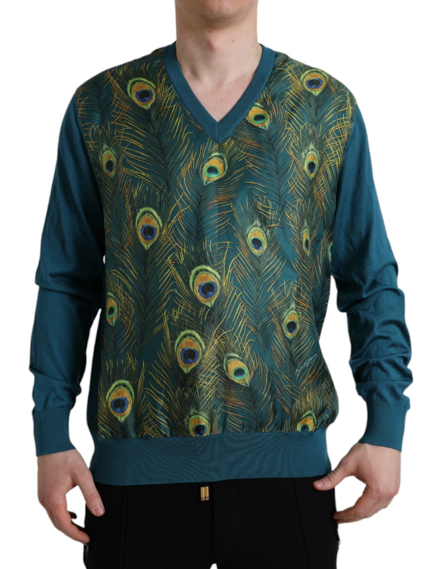 Dolce &amp; Gabbana Silk V-Neck Peacock Feather Sweater