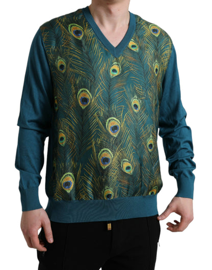 Dolce &amp; Gabbana Silk V-Neck Peacock Feather Sweater