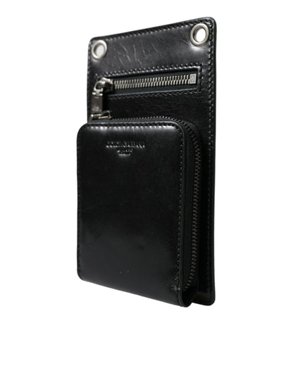 Dolce &amp; Gabbana Black Calf Leather Zip Logo Shoulder Neck Strap Wallet