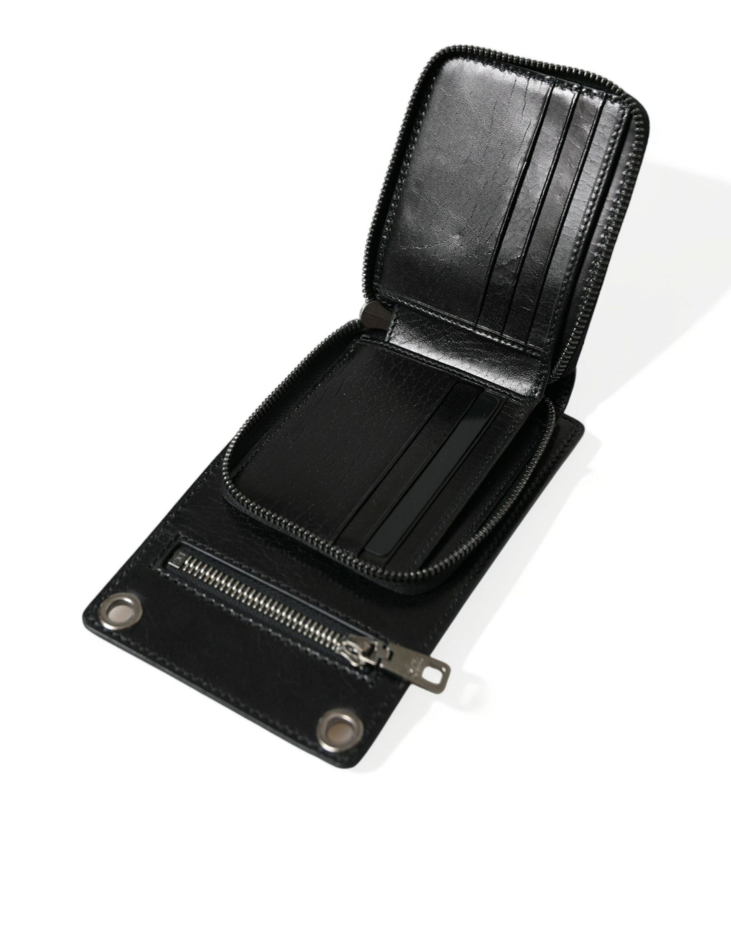 Dolce &amp; Gabbana Black Calf Leather Zip Logo Shoulder Neck Strap Wallet