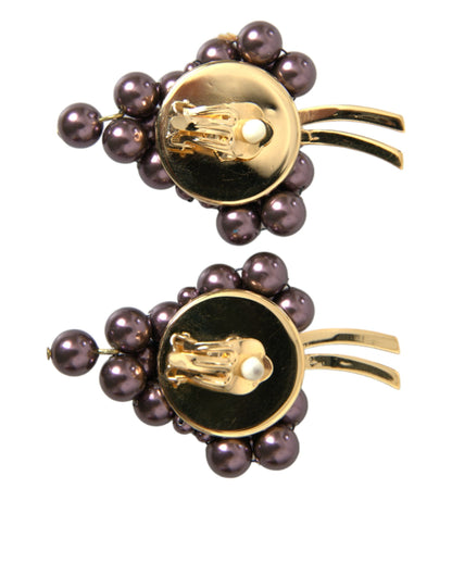 Dolce &amp; Gabbana Purple Grape Pearl Sicily Gold Brass Floral Clip On Earrings