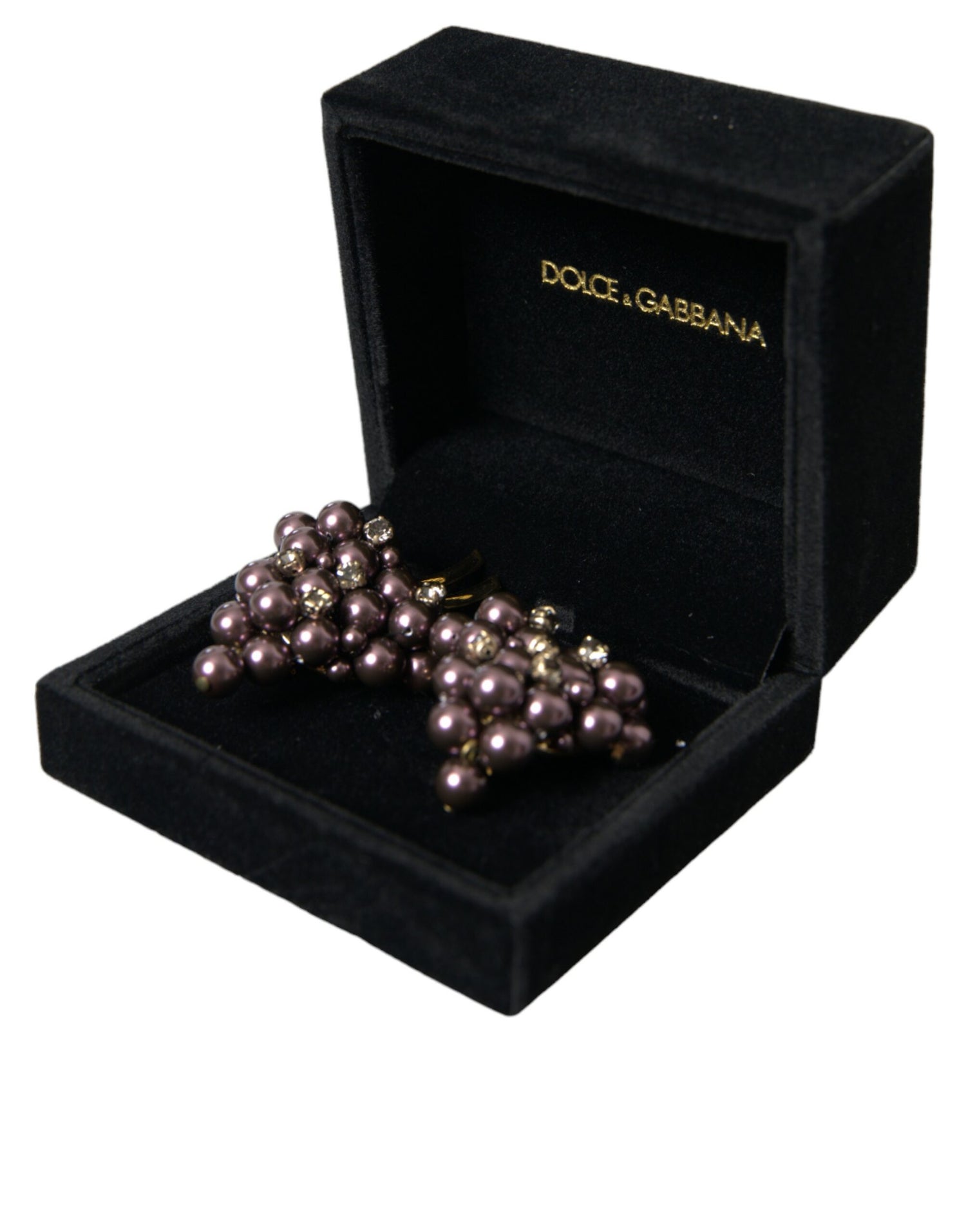 Dolce &amp; Gabbana Purple Grape Pearl Sicily Gold Brass Floral Clip On Earrings