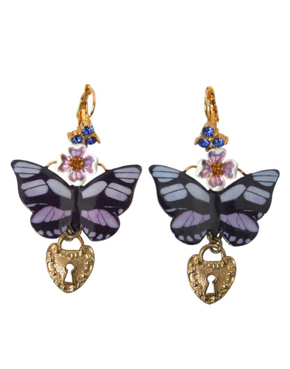 Dolce &amp; Gabbana Gold Purple Crystal Butterfly Heart Locket Earrings