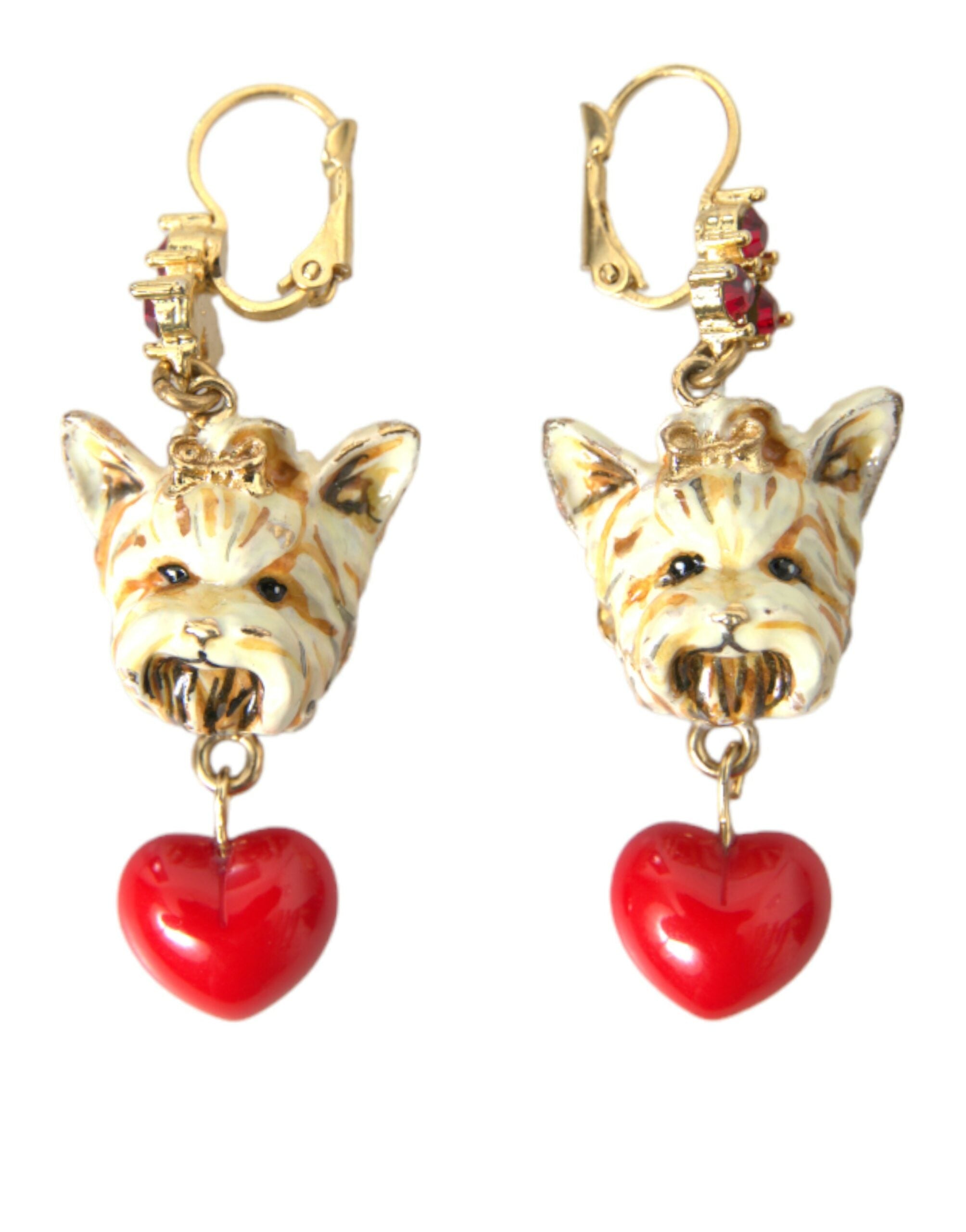 Dolce &amp; Gabbana Gold Brass Heart Dog Red Crystal Dangling Earrings