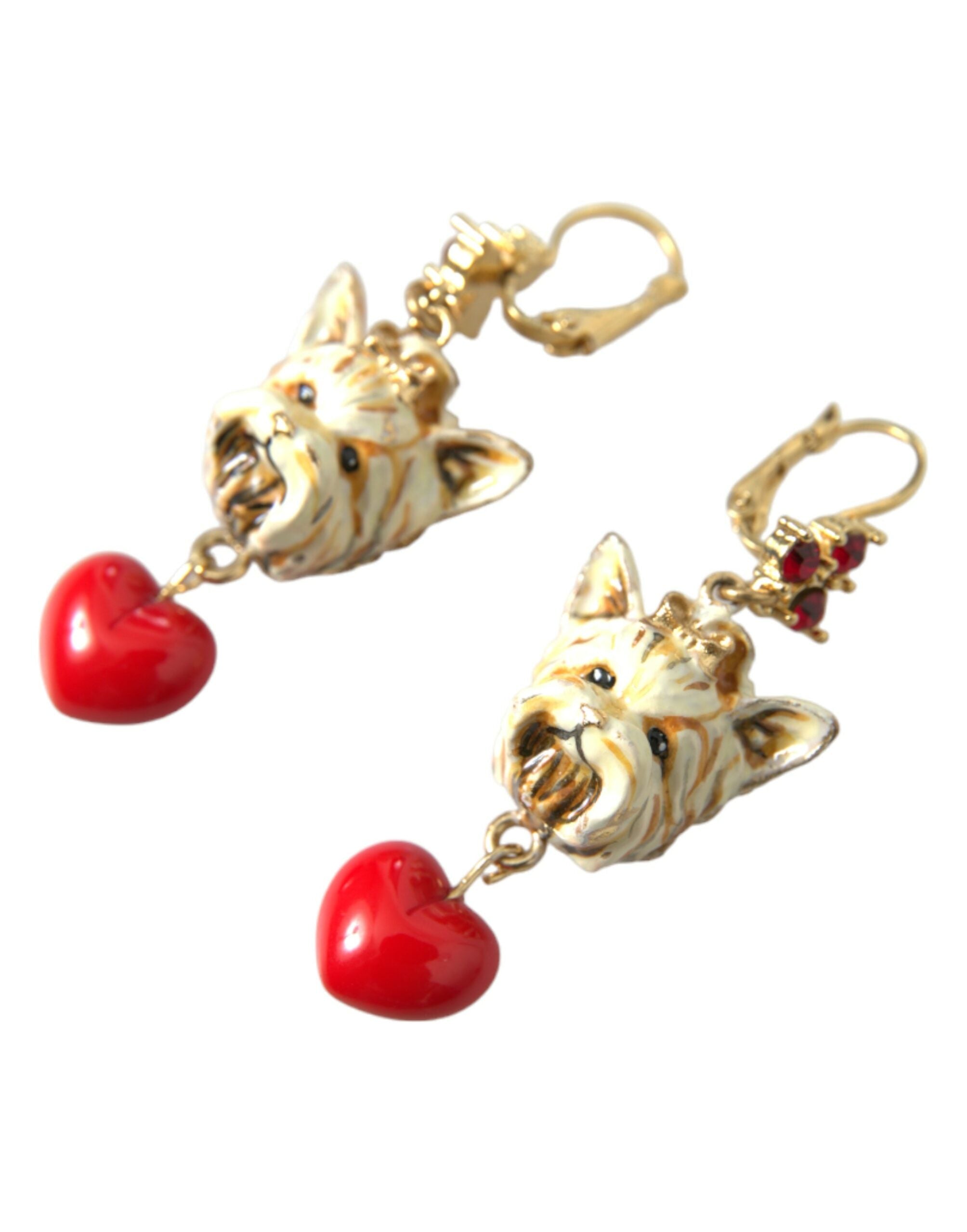 Dolce &amp; Gabbana Gold Brass Heart Dog Red Crystal Dangling Earrings