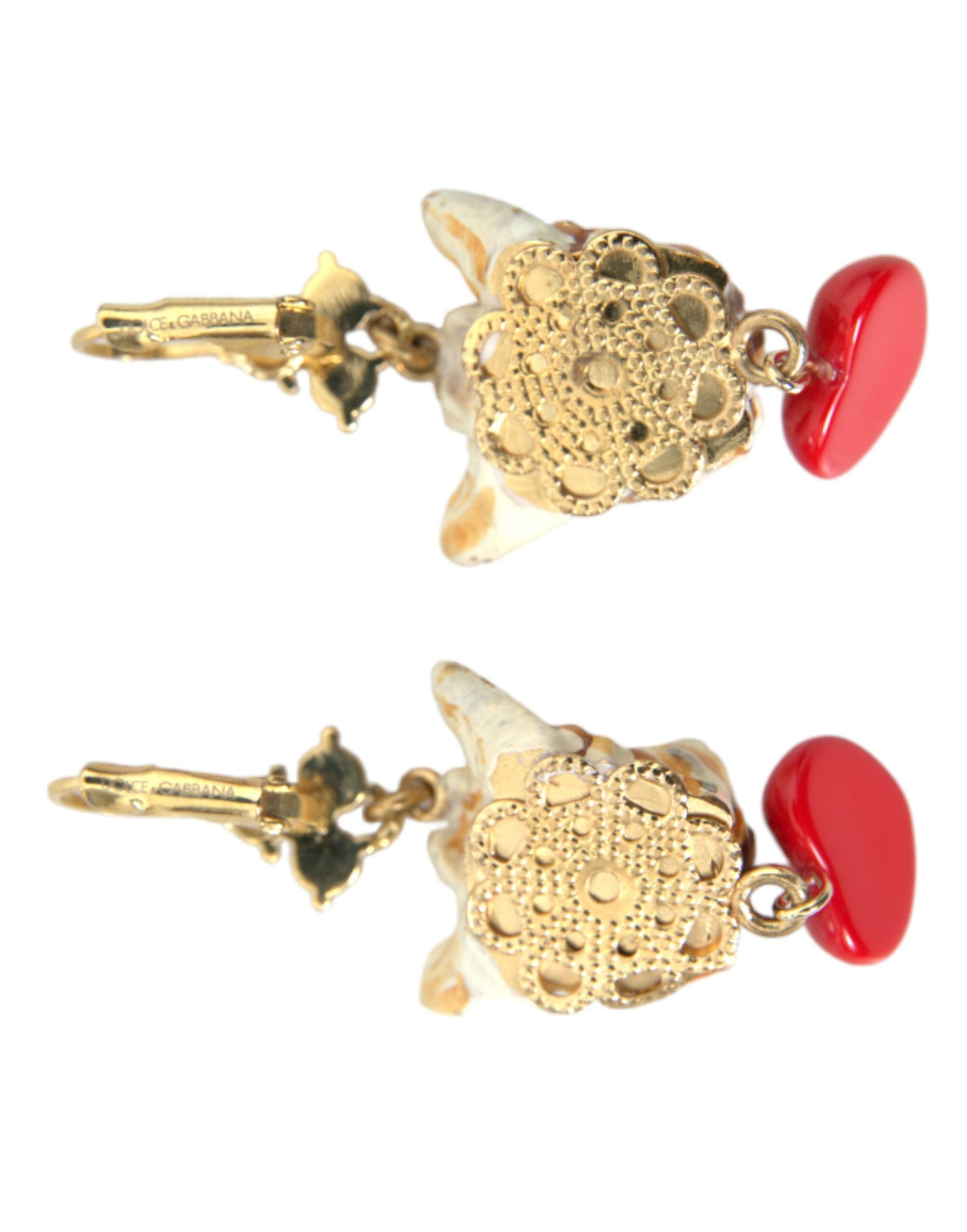 Dolce &amp; Gabbana Gold Brass Heart Dog Red Crystal Dangling Earrings