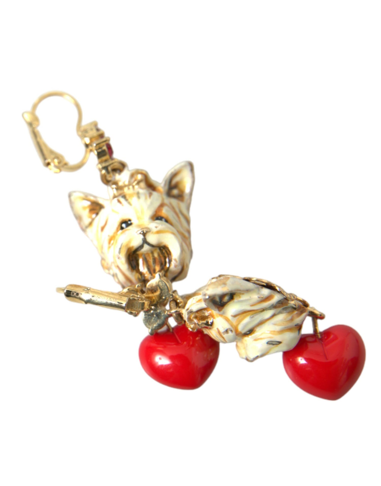 Dolce &amp; Gabbana Gold Brass Heart Dog Red Crystal Dangling Earrings