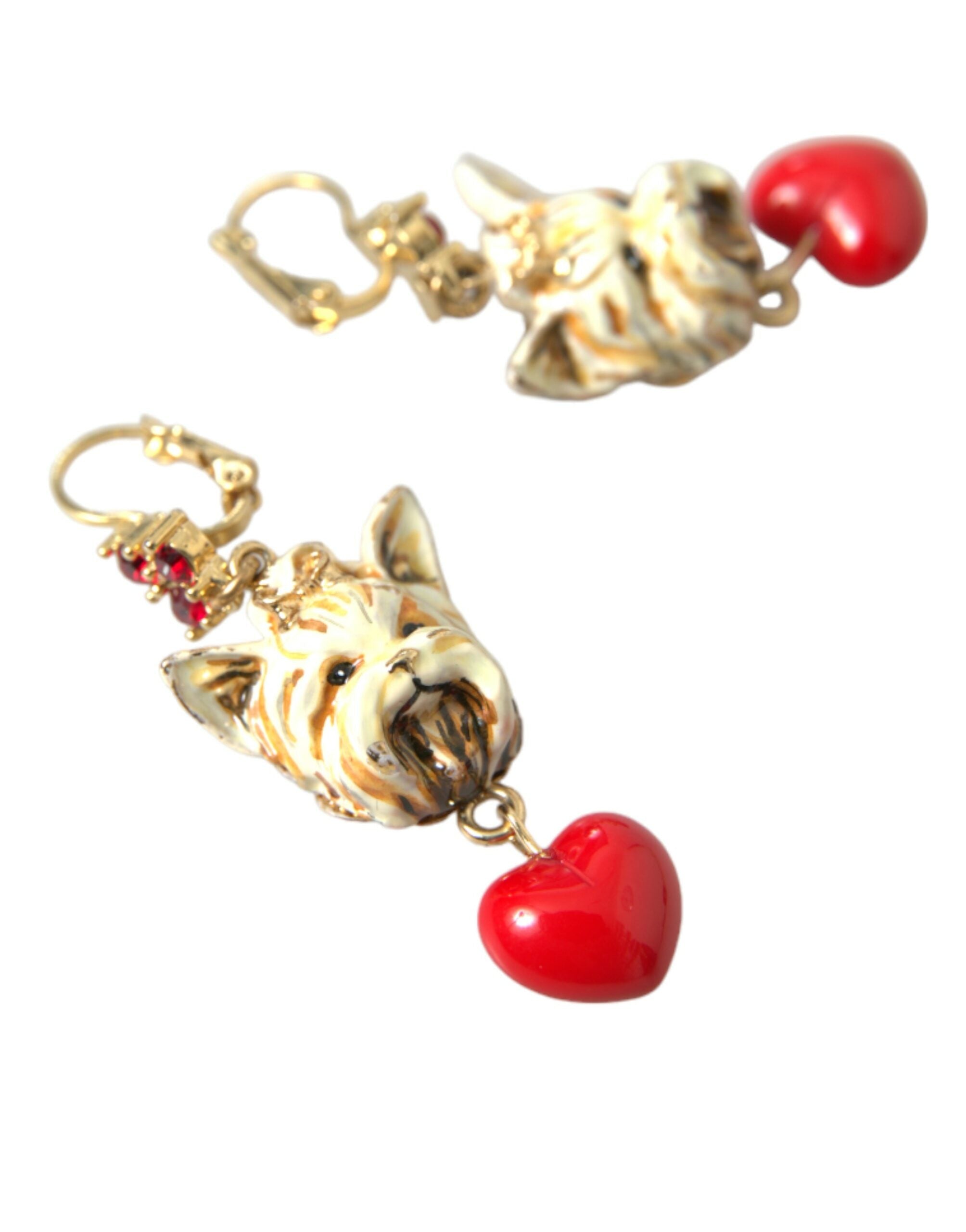 Dolce &amp; Gabbana Gold Brass Heart Dog Red Crystal Dangling Earrings