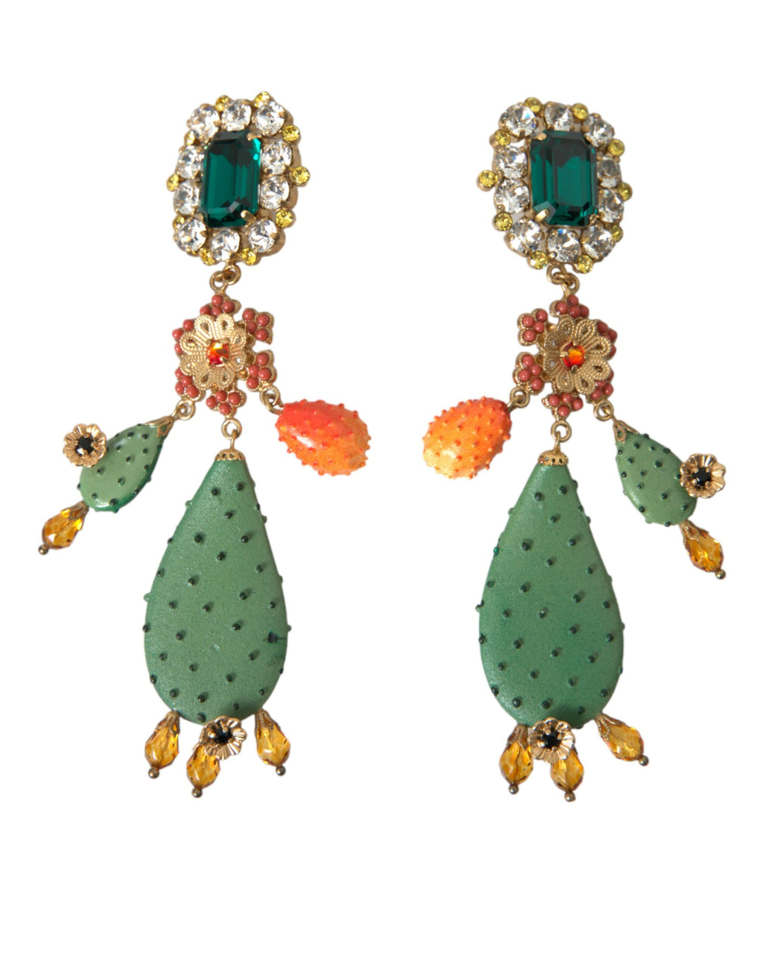 Dolce &amp; Gabbana Green Cactus Crystal Clip On Jewelry Dangling Earrings