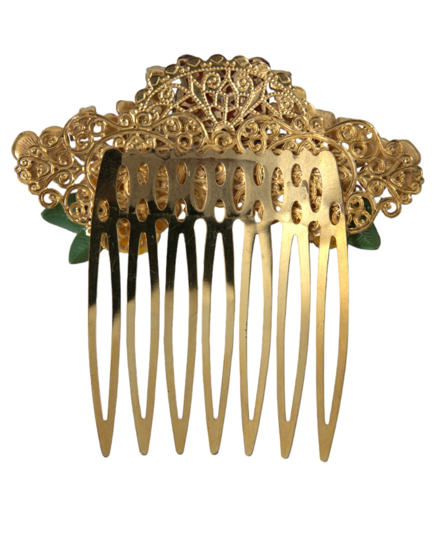 Dolce &amp; Gabbana Gold Brass Crystal Leopard Floral Hair Comb