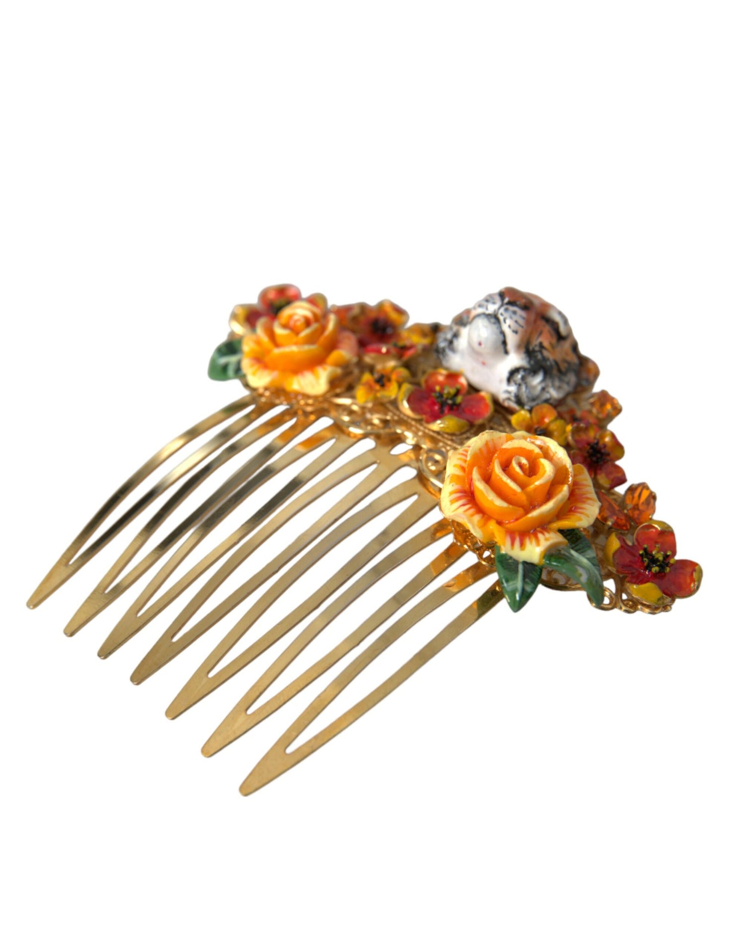 Dolce &amp; Gabbana Gold Brass Crystal Leopard Floral Hair Comb