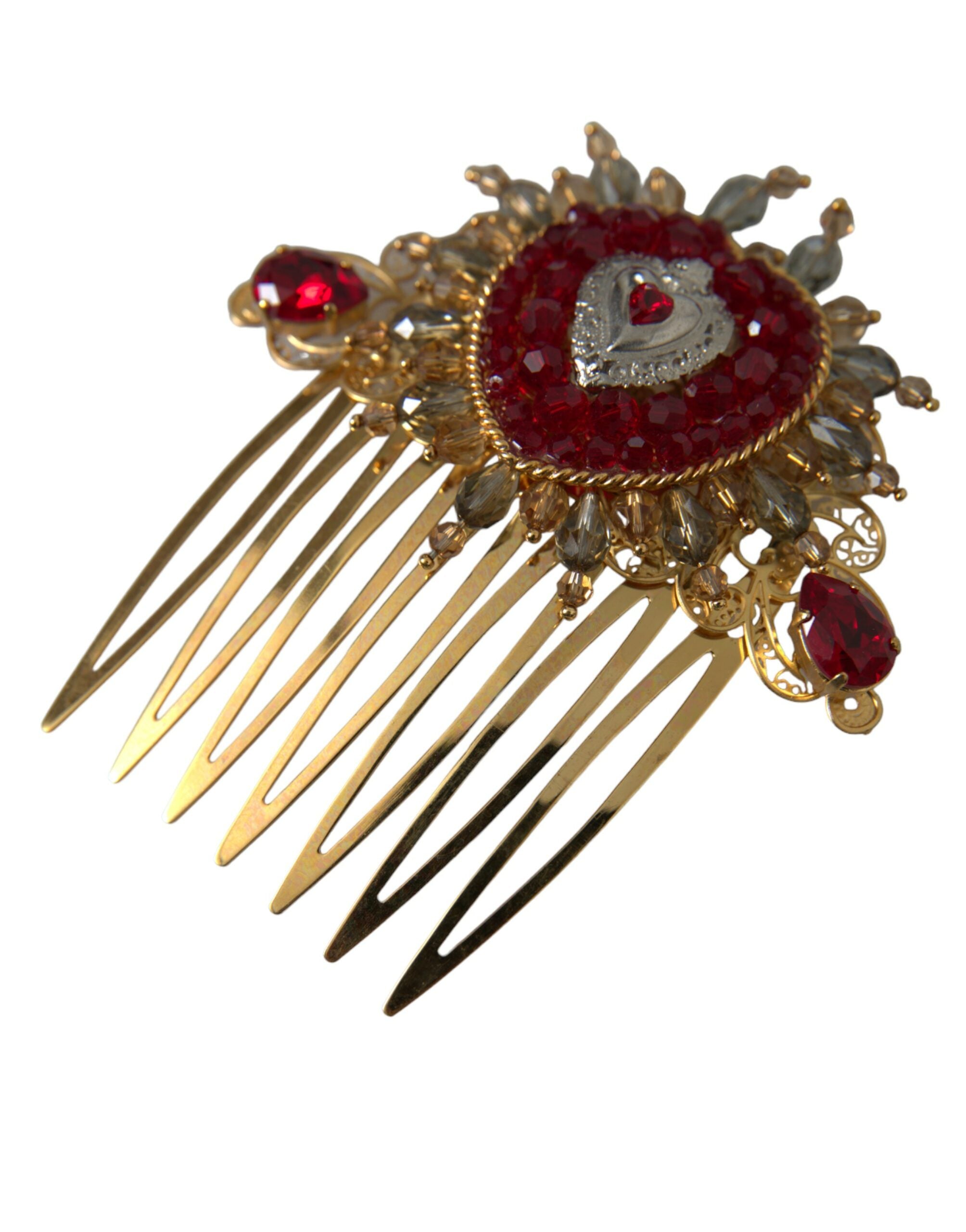 Dolce &amp; Gabbana Gold Brass Crystal Heart Women Hair Comb