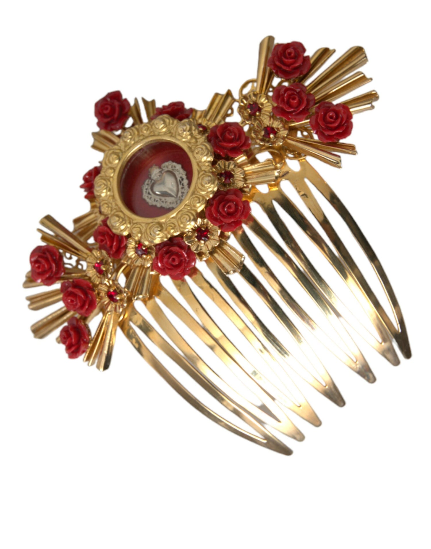 Dolce &amp; Gabbana Gold Brass Crystal Heart Floral Hair Comb