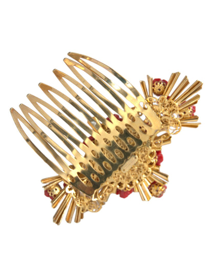 Dolce &amp; Gabbana Gold Brass Crystal Heart Floral Hair Comb