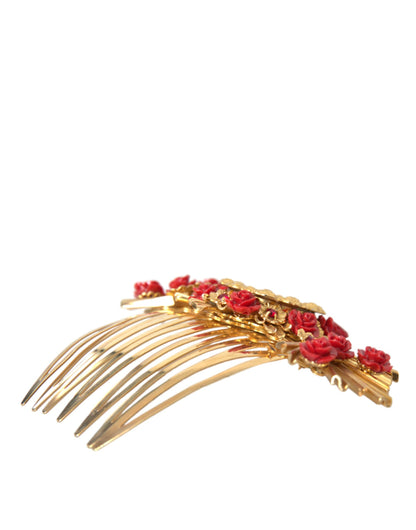 Dolce &amp; Gabbana Gold Brass Crystal Heart Floral Hair Comb