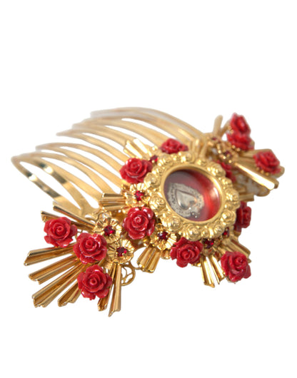 Dolce &amp; Gabbana Gold Brass Crystal Heart Floral Hair Comb