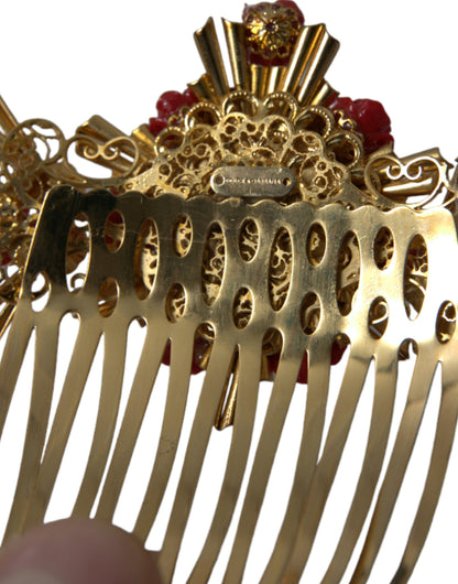 Dolce &amp; Gabbana Gold Brass Crystal Heart Floral Hair Comb